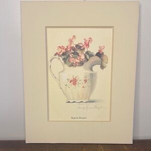 Signed Sandy Lynam Clough Begonia Bouquet floral Art Print in Cream Frame